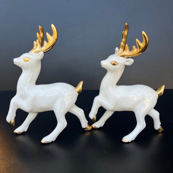 White Porcelain Reindeer With Gold Horns - Set of 3** - Picture 7 of 16